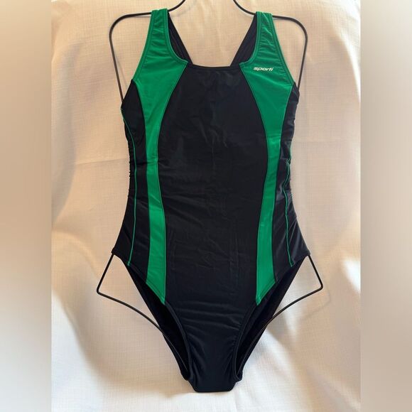 Sporti Piped Splice Wide Strap One Piece Swimsuit Black Green 38 NWT - Picture 2 of 9